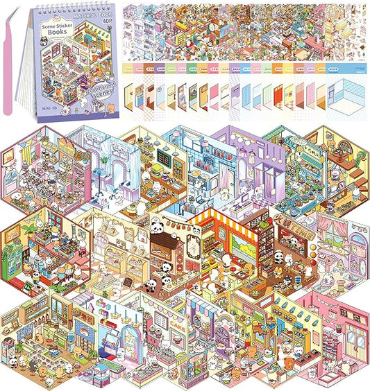 DIY 3D House Stickers, 20 Sets Fun DIY Stickers Scene Make Your Own Mini House Cute Cartoon Animal Scene Sticker for Kids Adult Sticker Art Relief Stress Pass The Time Holiday Christmas Fun