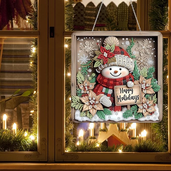DIY Acrylic Diamond Art Painting Wreath Kits Special Shaped Rhinestone 5D Diamond Art Window Pendants Home Garden Wall Hanging Kits Hanging Ornament，Double Sided(Christmas Snowman-1)