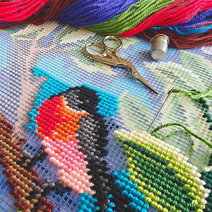 Brvsk Bird Needlepoint Kit for Adults and Beginners — Bullfinch. Tree by John Henry Dearle 16″ × 16″ with Clear, Precise Printed Design on Cotton Canvas; Includes 2 Needles, Yarn, and Easy-Read Chart