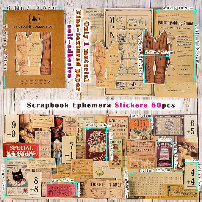 CATaireen Vintage Junk-Journal Mixed Paper Scrapbooking Embellishments Set Retro Journaling Decoupage Stickers Textured Packaging Decorative Cards Tags Kit (Library 2)