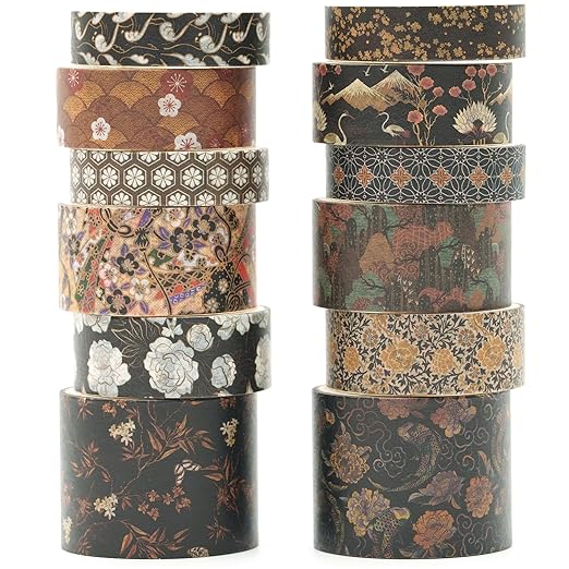 12 Rolls Kyoto Charm Washi Tape Set Japanese Arts Adhesive Tapes Geometric Garden Decorative Masking Tape Sets for Craft, Kids, Scrapbook, DIY, Gift Wrapping (Black Elegance)