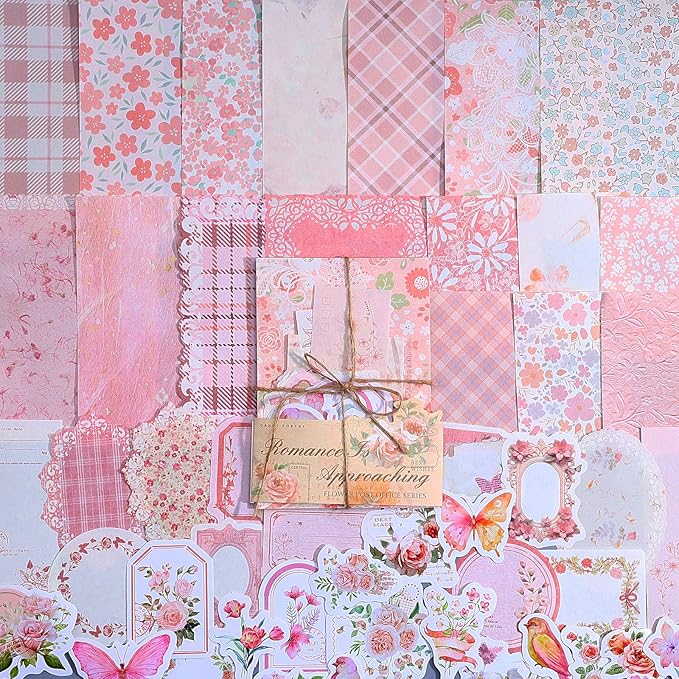 TIESOME 100pcs Vintage Floral Scrapbook Paper and Journaling Stickers Assorted Set, Memo Labels for Junk Journal Planner Collage Card Album Decor(Pink)