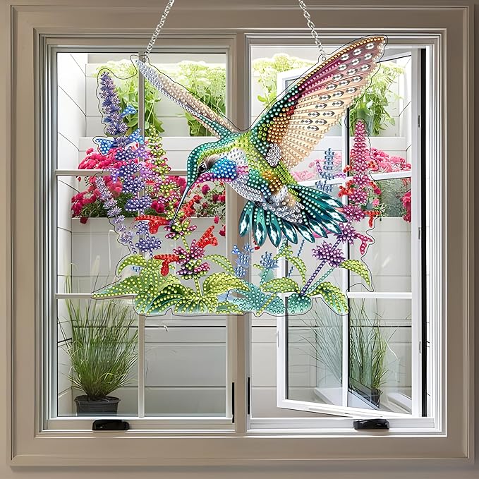 JJFox Diamond Art Hanging Kit for Adult,Special Shaped Rhinestone,DIY Acrylic 5D Diamond Art Painting Window Pendants Home Garden Wall Hanging Kits Hanging Ornament (Hummingbird)