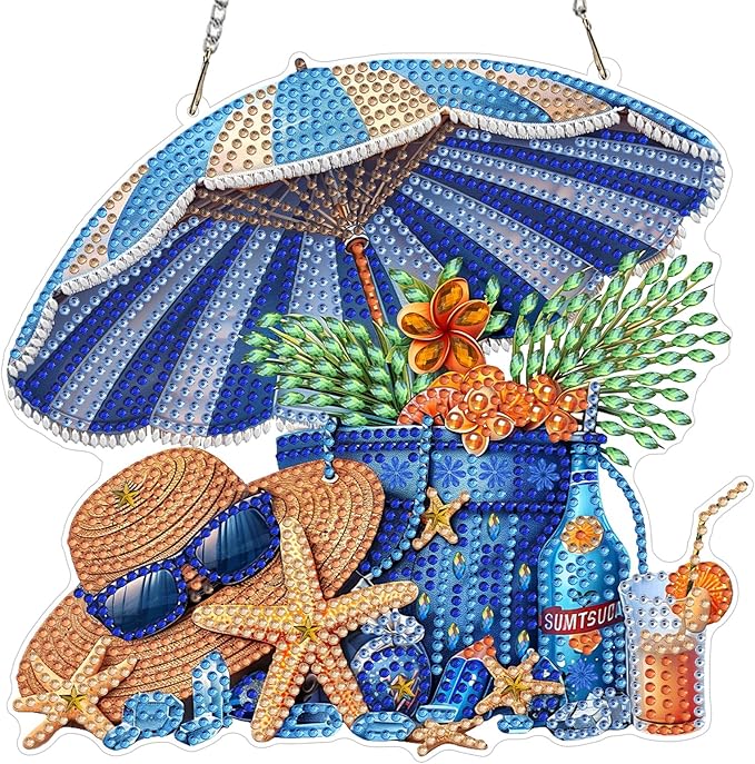 MXJSUA Beach Vacation Diamond Art Hanging Kits for Adults Beginners, DIY Acrylic Special Shaped Crystal Diamond Gem Drills Pendant Art Painting Ornament for Home Wall Decor Gift