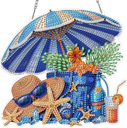 MXJSUA Beach Vacation Diamond Art Hanging Kits for Adults Beginners, DIY Acrylic Special Shaped Crystal Diamond Gem Drills Pendant Art Painting Ornament for Home Wall Decor Gift