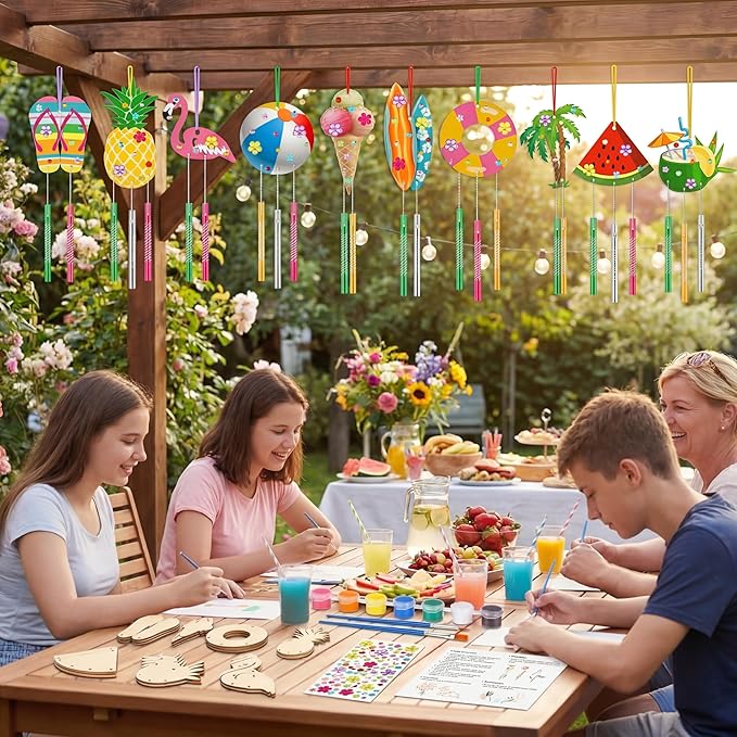 30 Pack Summer Wind Chime Making Kit for Adults Make Your Own Summer Wind Chime Beach Wooden Ornaments for DIY Crafts Activity Birthday Decoration