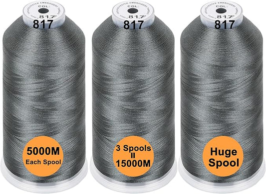 New brothreads - 40 Options- Various Assorted Color Packs of Polyester Embroidery Machine Thread Huge Spool 5000M for All Embroidery Machines - 3xGRAY