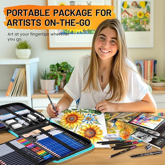 133 PCS Art Supplies Sketching Kit, Pro Drawing Pencils with Sketchbook, Coloring Book, Watercolor Pad, Black Paper Pad, Colored Graphite Charcoal Watercolor & Metallic Pencils for Artists Adults