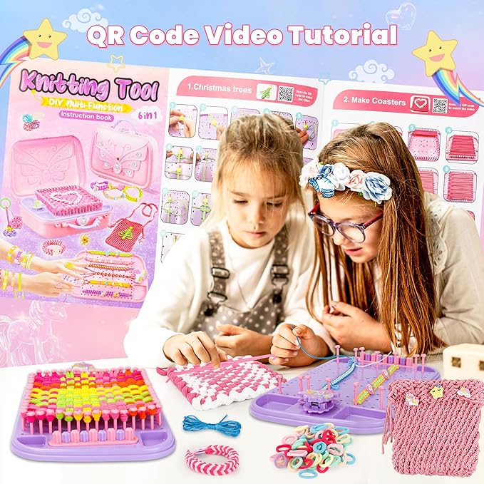 6-in-1 Friendship Bracelet Making Kit, 500+ PCS DIY Bracelet Kit with Weaving Loom, DIY Gifts Ideas for Girls Ages 8-12 Craft Maker Toys Set to Make Bracelets Potholders Pendants Bags Hats Scarves