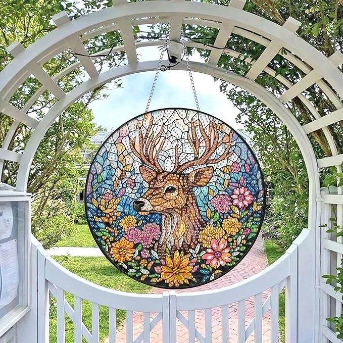Wergund 5D DIY Elk Diamond Art Hanging Kits, Hanging Diamond Art Flower Animal, Acrylic Special Shaped Rhinestone, Window Hanging Pendants for Home Wall Garden Front Door Outdoor Decor Gift(Elk)
