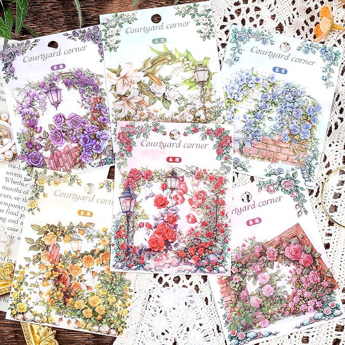 180pcs Courtyard Corner Flower Stickers for Scrapbooking Journaling Vintage Flowers Scrapbook Stickers Aesthetic Floral Sticker Pack Scrapbook Kit Junk Journal Supplies Self-Adhesive Decoupage Paper