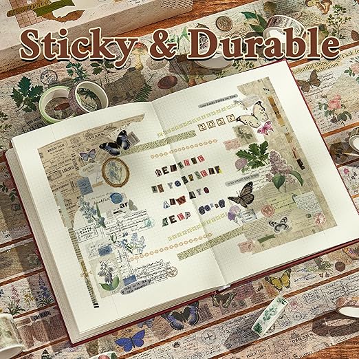 Vintage Washi Tape Set 24 Rolls, Decorative Masking Tape for Junk Journal, Scrapbooking Supplies, DIY Crafting Supplies