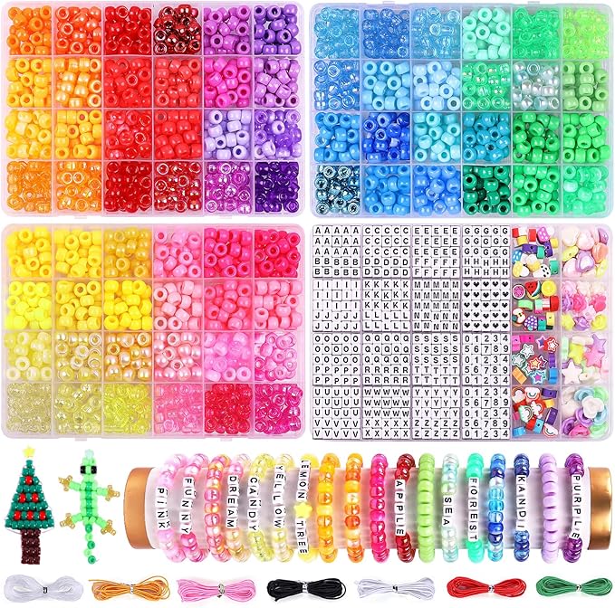 Pubiseed 3000pcs 72 Colors Pony Beads for Bracelet Making Kit, 2000pcs Kandi Bead and 700pcs A-Z Square Letter for Friendship Bracelet Kit, 200 pcs Plastic Bead for Adults Jewelry Making Crafts