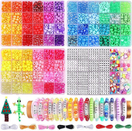 Pubiseed 3000pcs 72 Colors Pony Beads for Bracelet Making Kit, 2000pcs Kandi Bead and 700pcs A-Z Square Letter for Friendship Bracelet Kit, 200 pcs Plastic Bead for Adults Jewelry Making Crafts