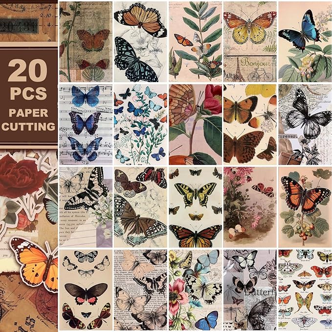 Vintage Scrapbook Stickers - 300 Butterfly Pre-Cut for Journaling, 20 Scrapbook Paper Washi for Scrapbooking and Journaling