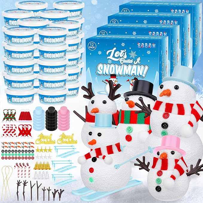 EOBOH 48 Pack Christmas Snowman Craft Kit, DIY Snowman Crafts for Kids, Build a Snowman Kit Indoor Decor, Creative Air Dry Modeling Clay, Xmas Making Kit Gift Toys for Holiday Party Supplies