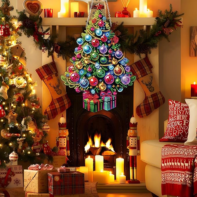 JJFox Diamond Art Hanging Kit for Adult,Special Shaped Rhinestone,Double Sided DIY Acrylic Diamond Art Painting Window Pendants Home Garden Wall Hanging Kits Hanging Ornament (Christmas Tree)