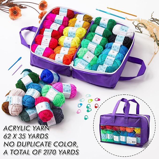 inscraft 62 acrylic yarn skeins, 2170 yards yarn for knitting, 2 crochet hooks, 2 weaving needles,10 stitch markers, 1 purple bag, perfect crochet beginner kit for for adults