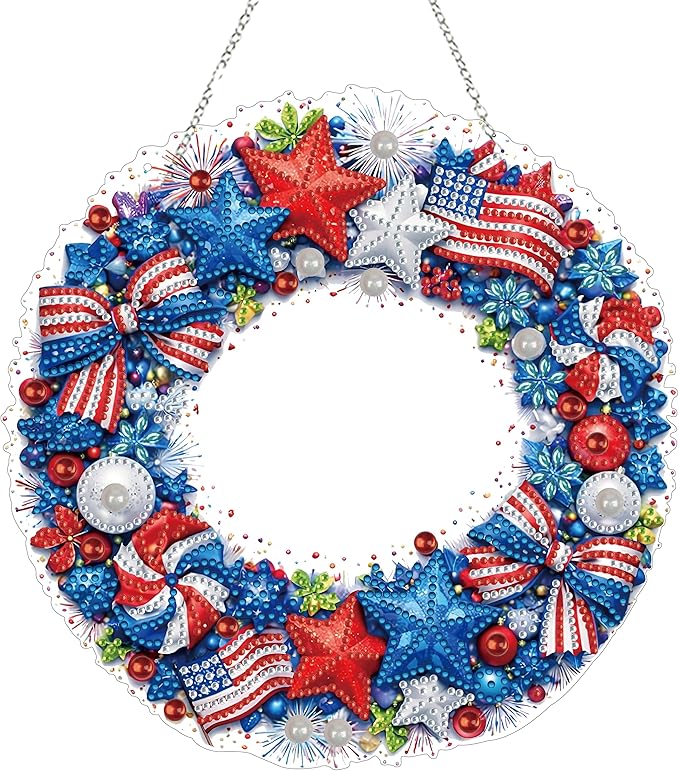 DIY Acrylic 5D Diamond Art Painting Window Pendants Home Garden Wall Hanging Kits Hanging Ornament,Double Sided. (Independence Day)