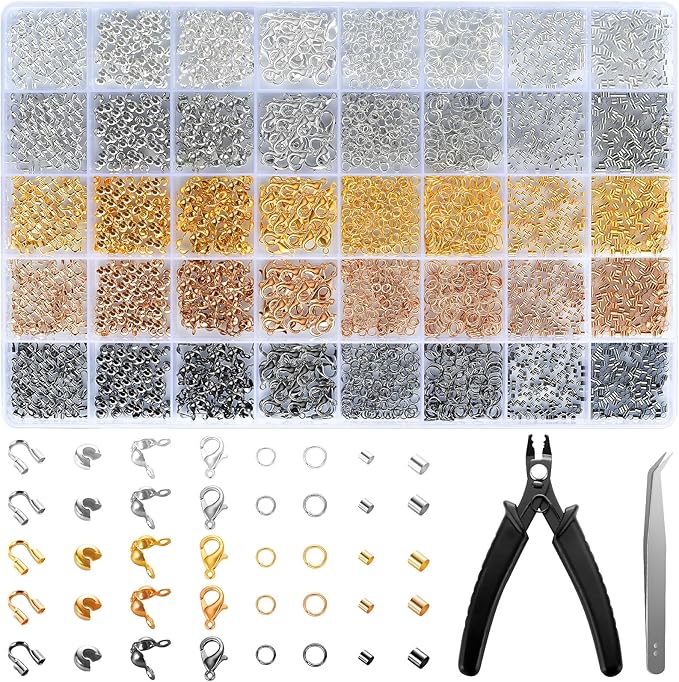 2425pcs Crimp Beads Jewelry Making Kit, Funtopia Crimp Tubes, Crimp Covers, Wire Guards, Lobster Clasp, Jump Ring for Bracelet Earring Necklace Making DIY Jewelry Repair Kit Supplies
