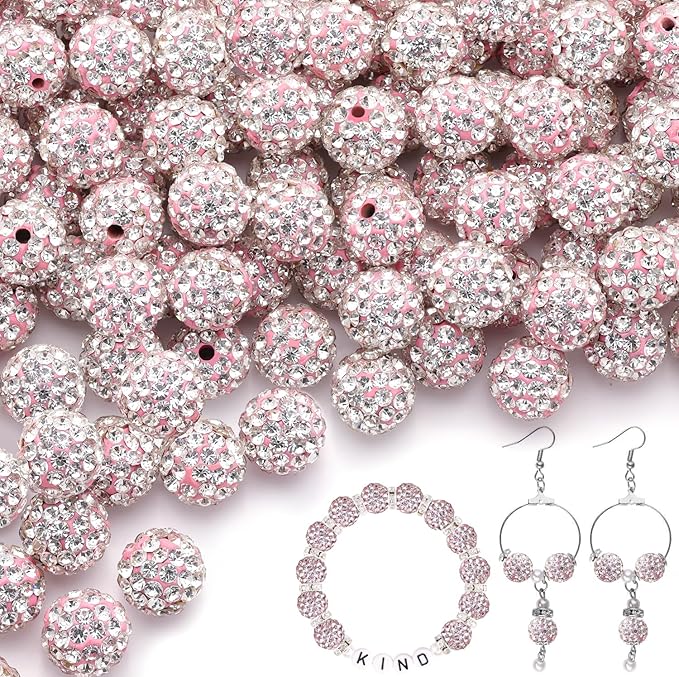 150pcs 10mm Rhinestone Beads for Jewelry Making, Pink White Shiny Round Shamballa Disco Ball Beads Bulk, Sparkle Crystal Clay Christmas for Bracelet Baseball Necklace Earring Crafting and DIY