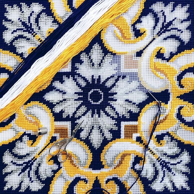 Brvsk Ornamental Stamped Cross-Stitch Kit for Adults and Beginners — Tiara 16″ × 16″ with Clear, Precise Printed Design on Cotton Canvas; Includes 2 Needles, Yarn, and Easy-Read Chart