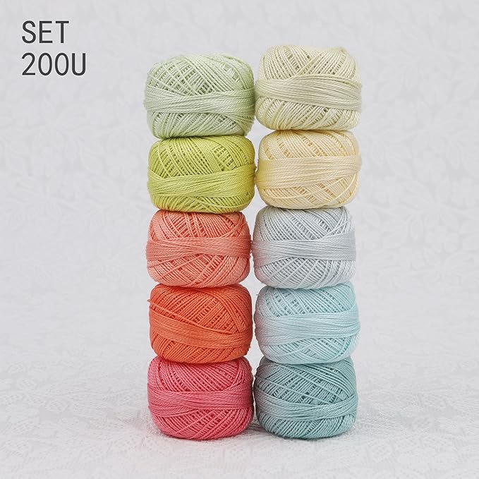 Size 8 Double Mercerized Egyptian Long Staple Cotton Pearl Thread Ball 5 Grams Rainbow Color Embroidery Thread 10 Colors per Box for Crochet Hardanger Cross Stitch Hand Embroidery (Set U)