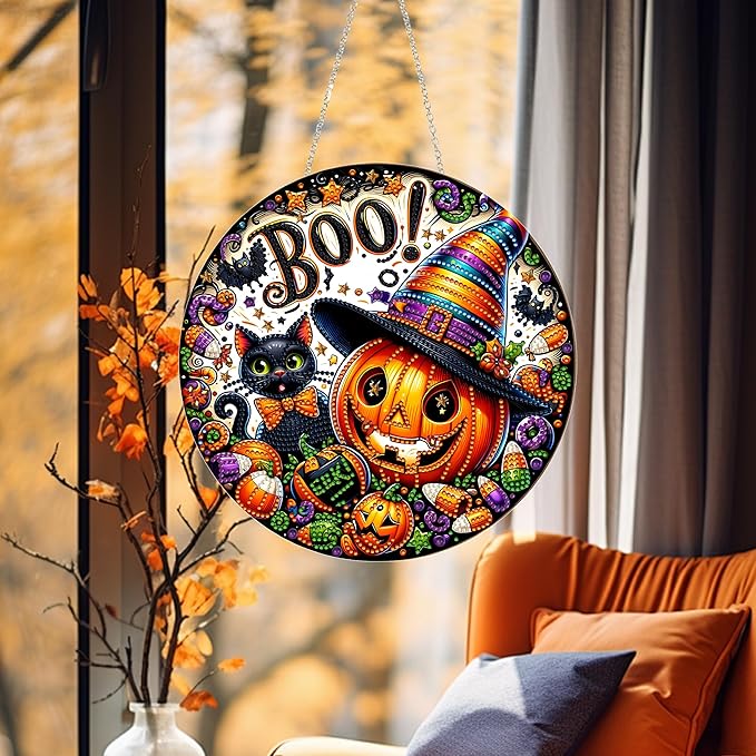 DIY Halloween Acrylic Diamond Art Painting Wreath Kits Special Shaped Rhinestone 5D Diamond Art Window Pendants Home Garden Wall Hanging Kits Hanging Ornament (Pumpkin and Cat)