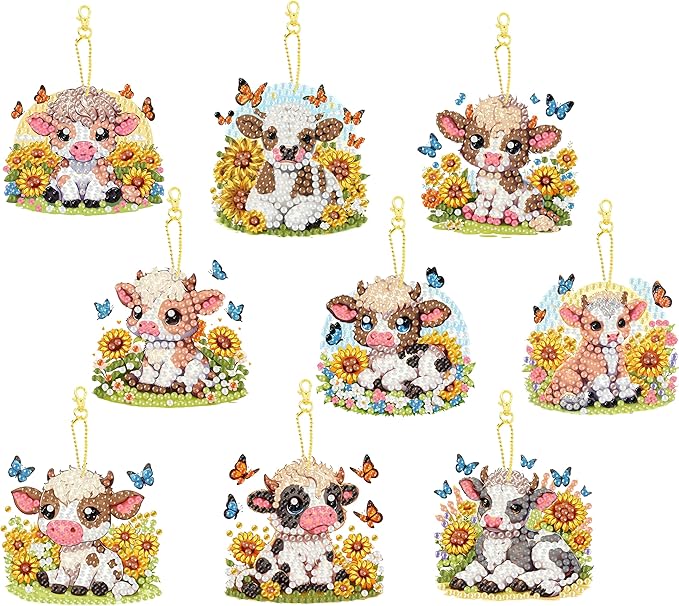 Masendp 9 Piece Farm Cow Diamond Keychain Set DIY Cow Diamond Keychain for Beginners Adult Arts & Crafts Supplies Christmas Holiday Gifts