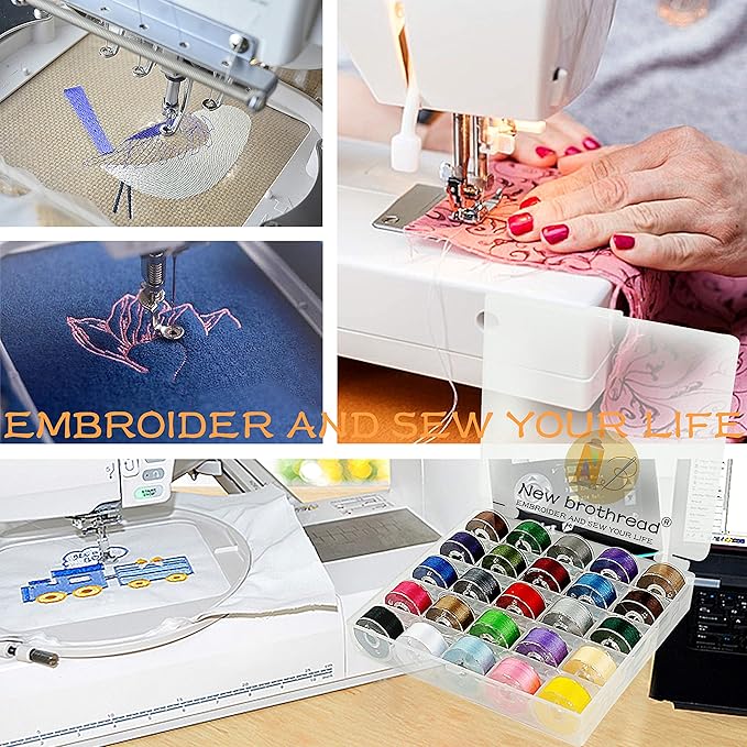 New Brothread 25pcs Assorted Colors 70D/2 (60WT) Prewound Bobbin Thread Plastic Size A SA156 for Embroidery and Sewing Machine DIY Embroidery Thread