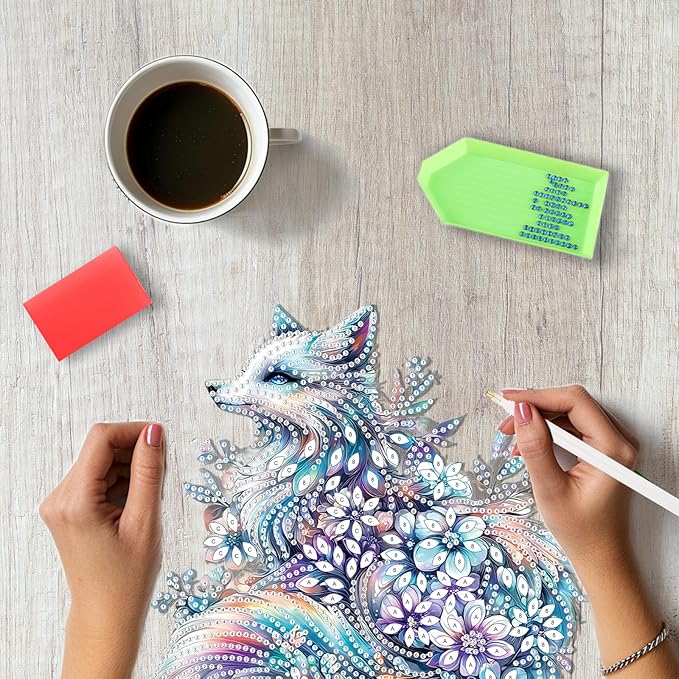 SENQAO Fox Hanging Diamond Art Painting Kits for Adults Beginners, 5D Special Shape Diamond Art Kits, Fox Flower Crystal Rhinestones Diamond Gem Art Painting for Home Garden Wall Decor