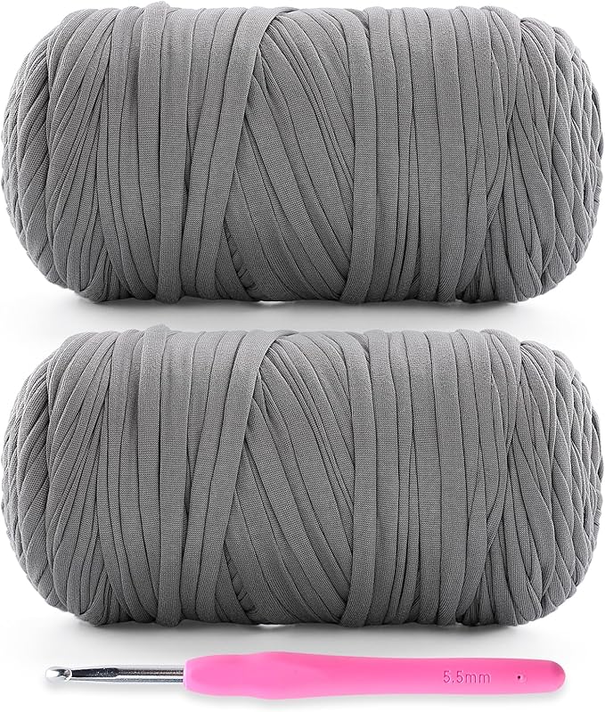 2 Pack Soft T-Shirt Yarn for Crochet, T Shirt Yarns for Crocheting Crafts, Bags, Basket, Coaster, Tshirt Yarns - 800 G/260 Yds with 1 Crochet Hook (2, Light Grey)