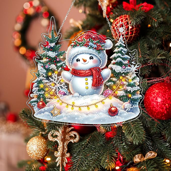 JJFox Diamond Art Hanging Kit for Adult,Special Shaped Rhinestone,Double Sided 5D DIY Acrylic Diamond Art Painting Window Pendants Home Garden Wall Hanging Kits Hanging Ornament (Christmas Snowman)