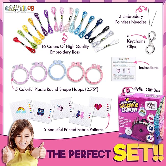 CRAFTILOO Cross Stitch Kit for Kids - 5 Easy Stamped Cross Stitch Kits for Beginners | Embroidery Kit for Girls Ages 7-13 | Needlepoint Craft Set, Backpack Charms & Keychains