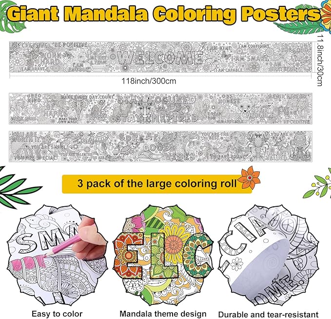 Janlaugh 3 Pack Mandala Giant Coloring Posters 9.8ft Large Coloring Sheet Jumbo Motivational Page Tablecloth DIY Drawing Paper Roll for Kids Adult Spring Summer Party Classroom Craft Team Art Activity