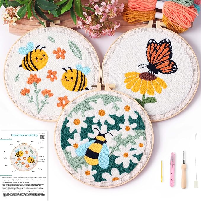 harimau 3pcs beginner embroidery kit,eye pattern,cross stitch kits, including stamped embroidery cloth with 3 embroidery hoops, multicolor color threads for embroidery kit (green)