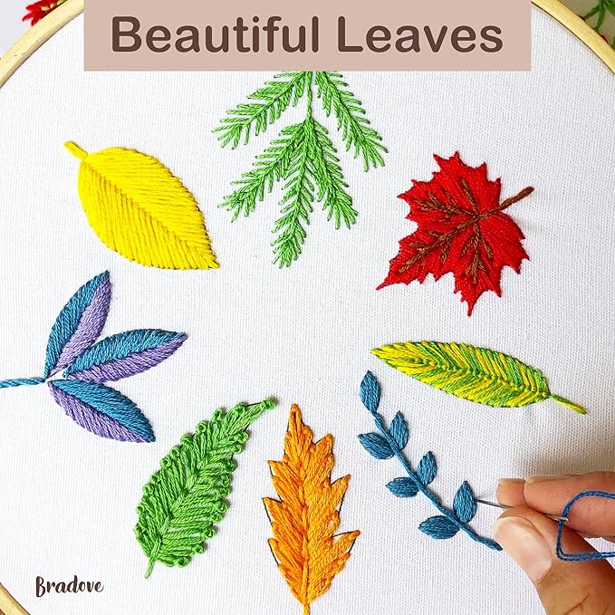 bradove 3 sets leaves and flowers embroidery kit for beginners, beginner embroidery kit for adults, learn to embroider kit adult beginner, stitches kit
