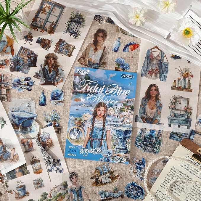 Stickers for Journaling, 20 Sheets Blue Art Junk Journal Sticker, PET Washi Materials Scrapbooking Supplies for Adults, People Women Transparent Decorative Crafts