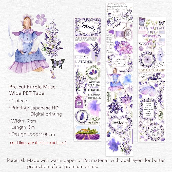 WT Pre-Cut Purple Muse Wide PET Tape, Single Roll, Soft Purple Florals & Handwritten Script, Transparent Decorative Tape for Journaling, Scrapbooking, Bujo, Planner, DIY Crafts, 70mm×5m