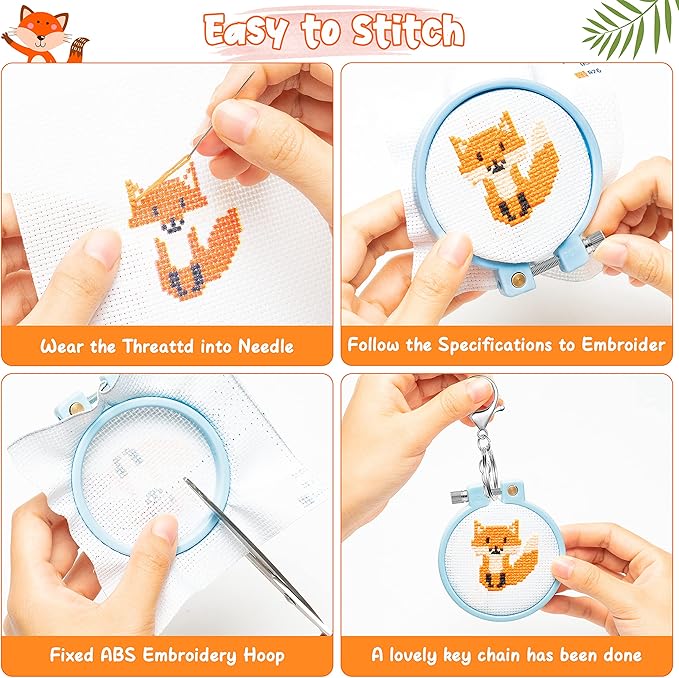 WATINC 5Pcs Embroidery Kit for Kids Stamped Cross Stitch DIY Key Chain with Woodland Animal Patterns Needlepoint Starter Kits Craft Supplies for Beginners Adults Schoolbag