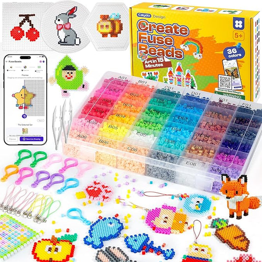 Caydo Fuse Beads Kit with Pattern-Generating App, 10500PCS 36 Colors 5mm Beads for Beginners with Pegboardx, Ironing Paper, Tweezers & Keychain Accessories for 5+Girls Home & School Projects, Gift