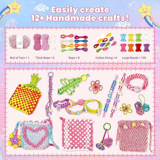 6-in-1 Friendship Bracelet Making Kit, 500+ PCS DIY Bracelet Kit with Weaving Loom, DIY Gifts Ideas for Girls Ages 8-12 Craft Maker Toys Set to Make Bracelets Potholders Pendants Bags Hats Scarves