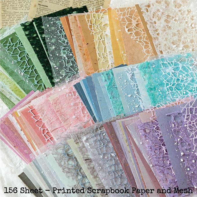 156 Sheets Scrapbook Paper and Mesh Fabric Assorted Set - 6 Pack Mixed Special Textured Paper for Scrapbooking Kit Junk Journal Supplies Planner Mixed Media Collage Card Making Materials 3.9x5.5 Inch