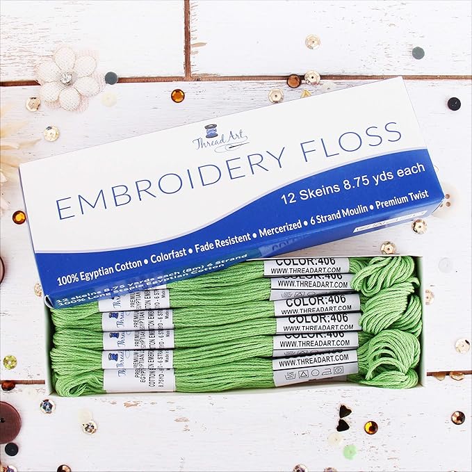 12 Skeins ThreadArt Premium Egyptian Long Fiber Cotton Embroidery Floss | Bright Green | 6 Strand Divisible Thread 8.75yds Each for Hand Embroidery, Friendship Bracelets, Cross Stitch and Crafts