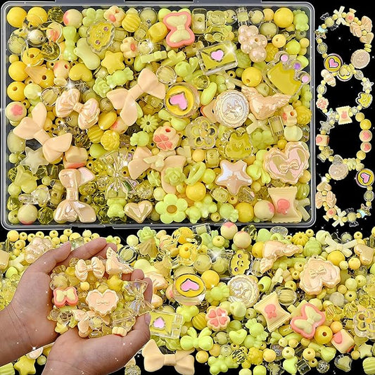 Omiposs 300Pcs Acrylic Beads for Bracelet Making with Cute Kawaii Charms, Beads & Assortments for Friendship Bracelets, Jewelry Making DIY Necklace Keychain Phone Charm Craft Gifts (Yellow)