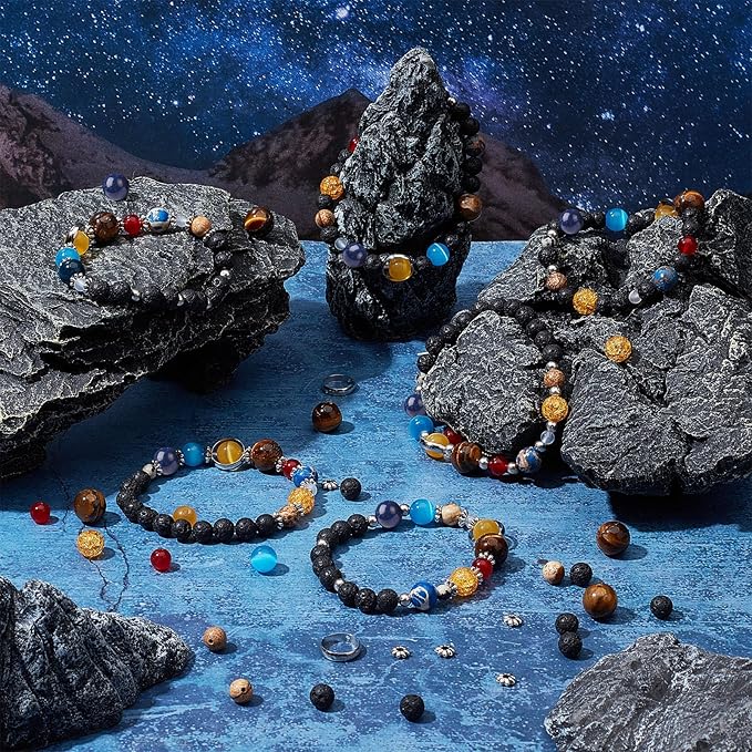 SUNNYCLUE 1 Box 300+Pcs DIY 10 Sets Solar System Bracelets Kit Universe Galaxy The Nine Guardian Planets Bracelet Necklace Tiger Eye Bead Natural Gemstone Beads for Jewelry Making Kits Craft