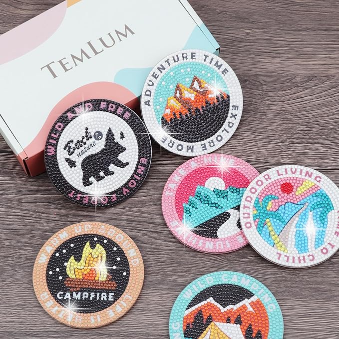 Temlum 6 Pcs Diamond Painting Coasters with Holder, DIY Outdoor Camping Coasters Diamond Art Kits for Beginners, Adults Small Diamond Painting Art Craft Supplies