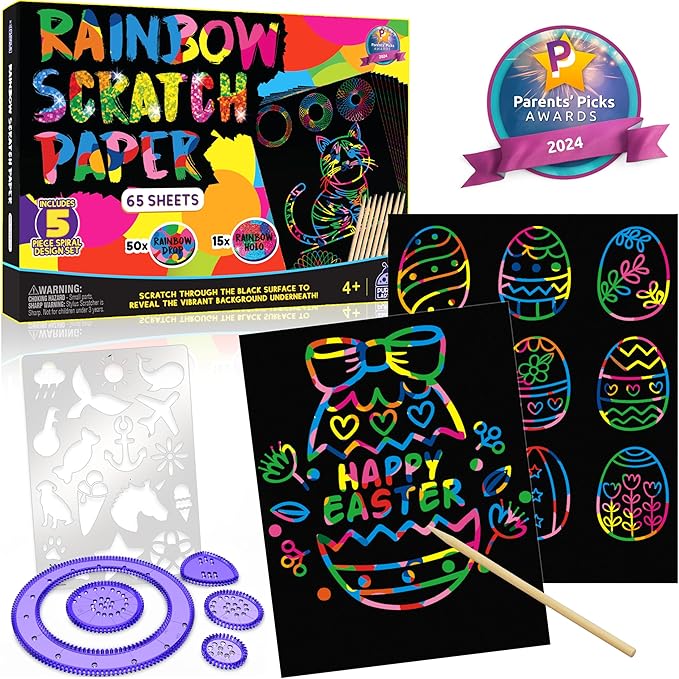PURPLE LADYBUG Rainbow Scratch Art Paper, 79 PCS Creative Drawing Paper & Stencils - Arts and Crafts for Ages 4-12, Kids Craft Activity Set, Easter Basket Stuffers for Kids, Summer Wedding Activities