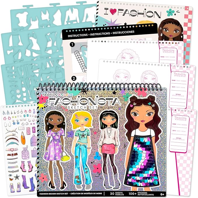 Fashion Angels Fashion Design Sketch Portfolio for Kids - Fashion Design Sketch Book for Beginners, Fashion Sketch Pad with Stencils and Stickers for Kids 6 and Up, Brown