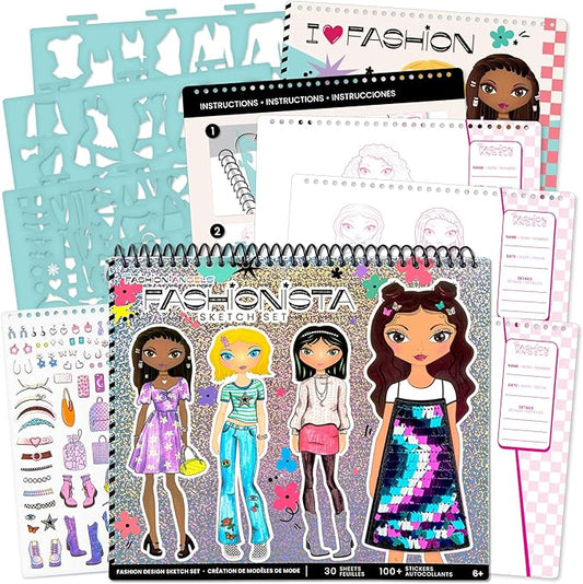 Fashion Angels Fashion Design Sketch Portfolio for Kids - Fashion Design Sketch Book for Beginners, Fashion Sketch Pad with Stencils and Stickers for Kids 6 and Up, Brown